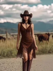 Braunes Slim-Fit-Kleid im Western-Stil mit tiefem V-Ausschnitt und langen Fransen