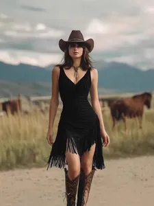 Sexy schwarzes Etuikleid mit tiefem V-Ausschnitt und Fransen in Western-Ranch-Kulisse