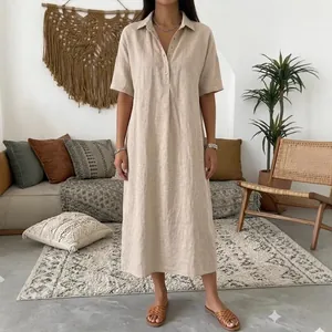 Elegant beige casual straight-fit linen short sleeve polo collar midi dress for women