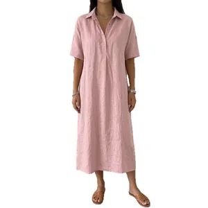 Elegant pink linen short sleeve Polo collar straight maxi dress for women summer