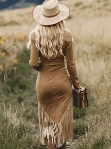 Back view of a vintage brown slim-fit dress featuring a unique long fringe hemline.
