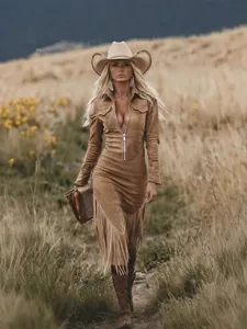 Vintage Western cowgirl slim fit suede-like dress with fringe hem in rustic field