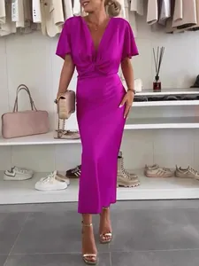 Elegante Vestito Midi in Raso da Donna Con Scollo a V Estivo Manica Corta Nodo Intrecciato Sexy A-Line Vestito da Sera