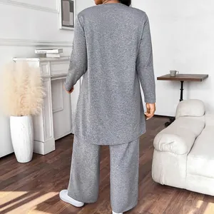 Rear view of a gray two-piece leisure set featuring a long-sleeve top and wide-leg pants.