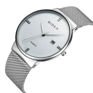 Elegante Biden zilveren roestvrijstalen mesh band horloge met datumweergave en kalender