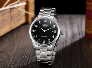 Elegante automatische Herrenuhr mit texturiertem schwarzem Zifferblatt und Stahlband