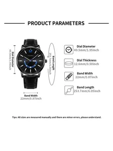 Detailed measurements of the TOMI round fashion watch showing dial and band sizes.