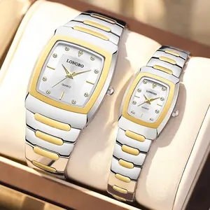 LONGBO 83623 Business Quartz Couple Watch Alloy Stainless Steel Rhinestone Tonneau Waterproof Men Women Luxury Wristwatch