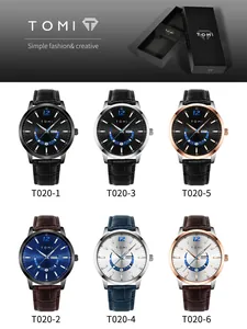Display of six TOMI fashion quartz watches with leather straps and calendar displays
