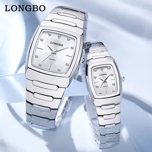 Elegant silver stainless steel Longbo couple quartz watches displayed on blue satin background