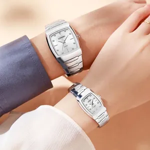 Longbo couple quartz watches with silver stainless steel bands and tonneau dials