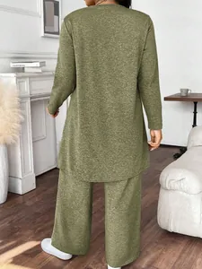 Back view of a green two-piece casual lounge set featuring a long-sleeve top and trousers.