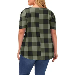 Back view of women's loose round neck short sleeve T-shirt in green plaid print