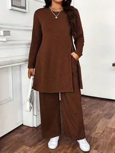 Casual two-piece brown heathered set featuring long tunic top and wide-leg trousers