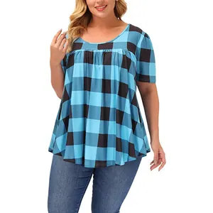 Stylish summer loose fit women's short sleeve round neck tunic top in blue plaid pattern