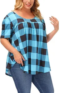 Detailed view of women's blue and black plaid loose T-shirt with pleated round neck