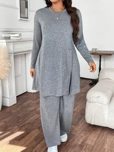 Women Casual Long Sleeve Top And Bottom Outfit Polyester Solid Color Loose Fit Loungewear Side Split Pants Tracksuit