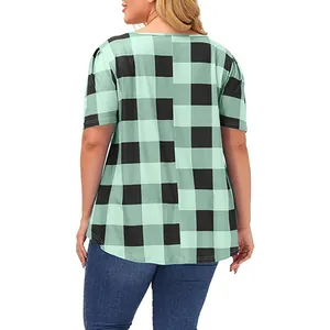 Back view of a plus-size women's mint green and black plaid short sleeve T-shirt