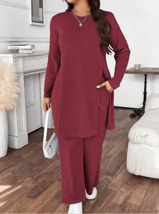 Casual burgundy two-piece set for women with long sleeve slit top and wide leg pants