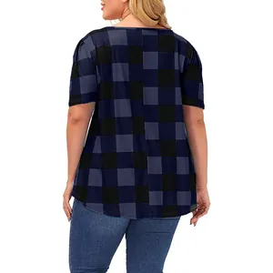 Back view of a loose women's plaid T-shirt showing navy and black buffalo checks