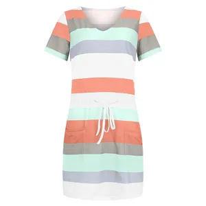 Casual striped short sleeve dress with drawstring waist and functional pockets