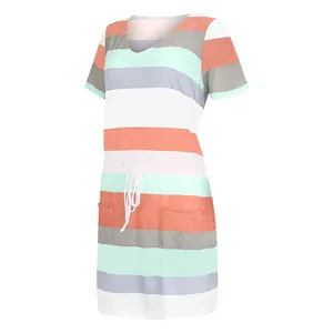 Full view of striped short sleeve dress with drawstring waist and two front pockets.