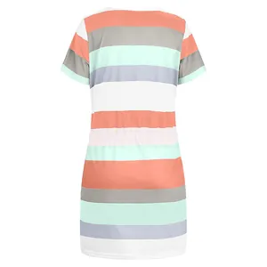 Back view of a casual short sleeve dress featuring colorful horizontal stripes and drawstring