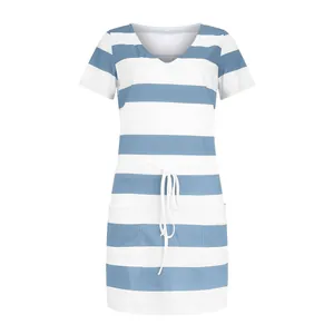 Detailed view of women's blue and white striped summer dress with drawstring waist