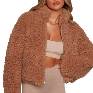 Veste courte zippée en polaire teddy marron pour femme, manteau chaud d'automne et d'hiver.