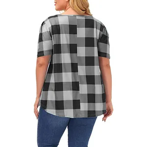 Back view of a plus-size women's loose plaid T-shirt with black and grey checks