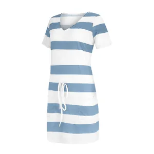 Detailed macro view showing the blue and white striped fabric texture and waist drawstring