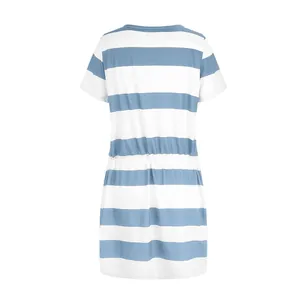 Back view of casual blue and white horizontal striped short sleeve mini dress with waist tie