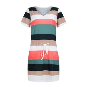Detailed view of women's colorful horizontal striped short sleeve dress with drawstring waist