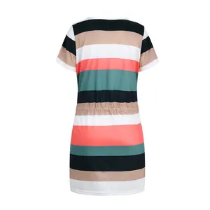 Back view of colorful striped short sleeve dress with drawstring waist detail