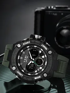 Gros plan détaillé d'une montre de sport noire robuste avec double affichage numérique