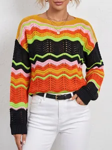 Close-up detail of a vibrant rainbow striped hollow-out knit sweater for women.