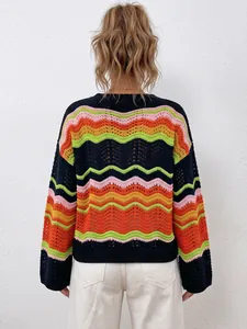 Rear detail view showing vibrant rainbow wavy striped hollow-out crochet knit pullover sweater
