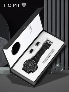 Coffret cadeau montre à quartz TOMI pour hommes avec bracelet cuir et boutons manchette