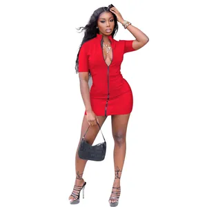 Sexy red bodycon mini dress with front zipper and short sleeves for summer wear