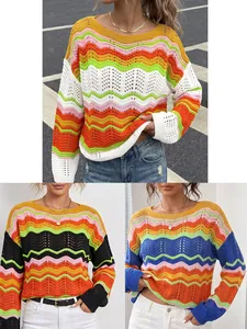 Women Rainbow Striped Knitted Sweater Hollow Out Color Block Acrylic Pullover Crew Neck Long Sleeve Autumn Winter Fashion Top