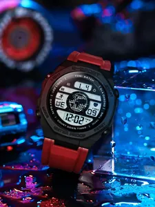 Montre de sport numérique avec bracelet rouge et écran LED sous néon