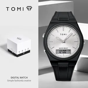 Vue détaillée de la montre TOMI pour hommes avec cadran argenté et boîte d'origine