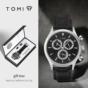 Coffret cadeau montre à quartz TOMI pour homme avec bracelet cuir boutons de manchette pince