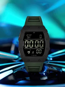 Vorderansicht der TOMI digitalen Sportuhr für Herren mit grünem Band und Gehäuse.
