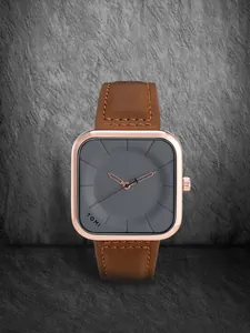 Vue détaillée de la montre à quartz minimaliste TOMI avec bracelet en cuir brun