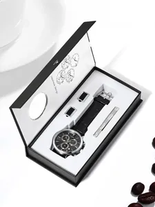Coffret cadeau montre à quartz TOMI pour homme avec bracelet cuir, boutons de manchette