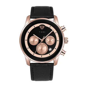 Montre à quartz élégante TOMI pour hommes avec boîtier en or rose et bracelet en cuir noir