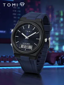 Montre de sport TOMI pour hommes avec cadran quadrillé bleu et affichage hybride