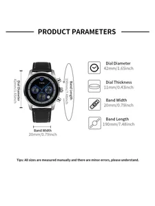 Détails des paramètres de la montre à quartz TOMI pour hommes avec dimensions et taille.