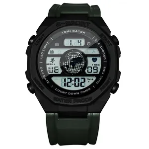 Rugged digital sports watch with LED display and dark green silicone strap